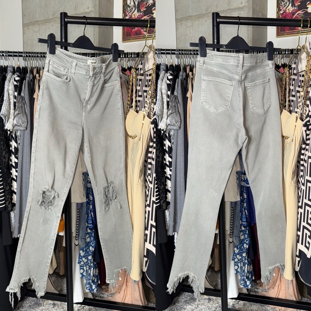 L'AGENCE High Line Grey Distressed High Rise Skinny Jeans Raw Hem Women's 27 EUC